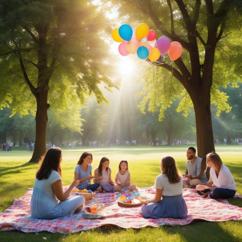 A serene scene depicting a diverse group of people gathered in a sunlit park, sharing joyful memories around a picnic blanket filled with flowers, while gently releasing balloons into the sky as a symbol of farewell. The atmosphere is filled with warmth, laughter, and colorful decorations, reflecting the theme of healing and celebration of life. Ethereal rays of sunlight stream through the trees, illuminating their faces with smiles. super-realistic. vibrant colors. soft focus.