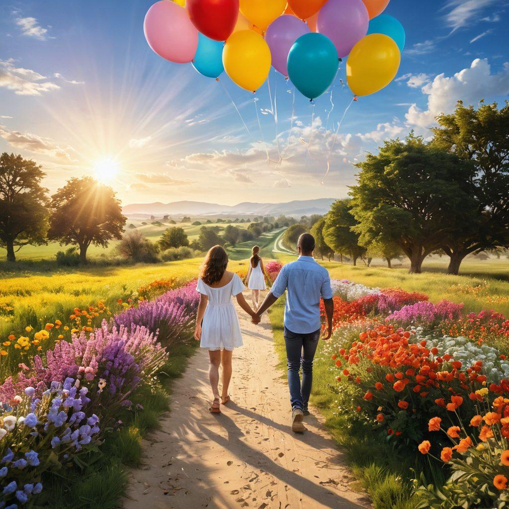 A serene landscape depicting a bright, sunny path lined with colorful flowers, leading towards a horizon symbolizing hope and new beginnings. In the foreground, a diverse group of people are sharing joyful memories, smiling and laughing, while releasing colorful balloons into the sky. Soft, warm sunlight bathes the scene, creating a sense of peace and healing. super-realistic. vibrant colors. soft focus.