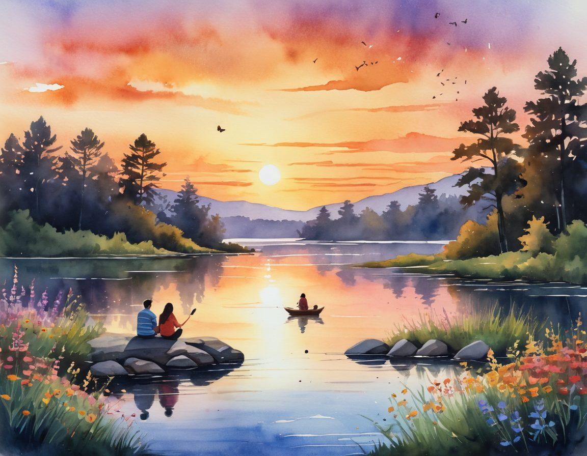 A serene landscape featuring a gentle sunset over a tranquil lake, where colorful flowers bloom along the banks. Silhouettes of people joyfully remembering loved ones around a campfire, sharing laughter and stories, while butterflies flutter around. Soft lighting creates a peaceful atmosphere, encapsulating the essence of joyful remembrance. watercolor painting. warm tones.